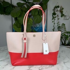 NWT TORY BURCH Pebble Leather Colorblock Perry Tote Light Oak / Samba Pink Red